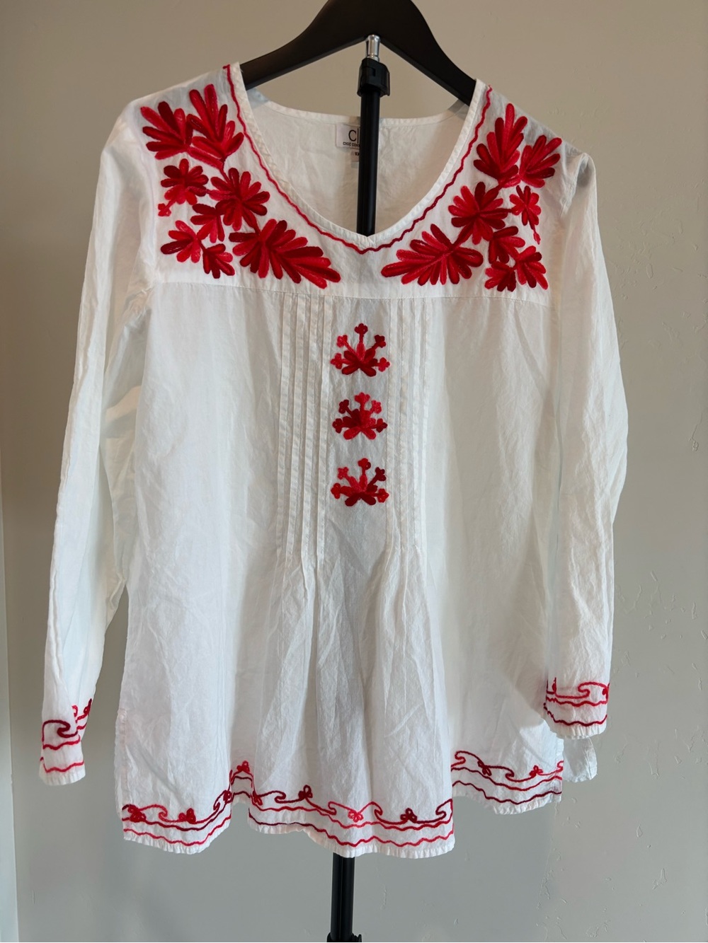 Chic Connection 1X White Red Embroidered Cotton Tunic Boho Peasant Top